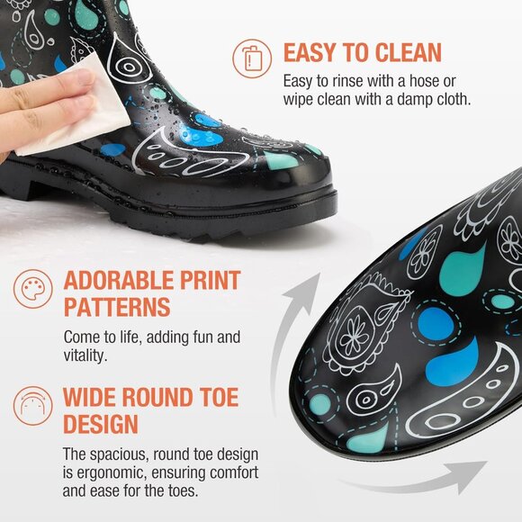 Women's Classic Paisley Black Fashionable Waterproof Garden Mud Rubber Rain Boot - Picture 5 of 8